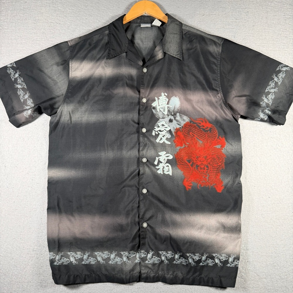 Utility‎ Mens Dragon Kanji Graphic Button Down Shirt Black Grey Y2K Large